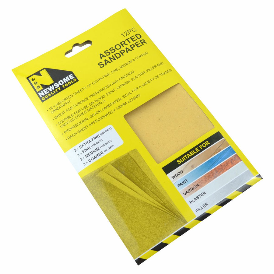 Sandpaper Mixed Grits - Coarse, Medium, Fine and Extra Fine (12 Sheets Per Pack)