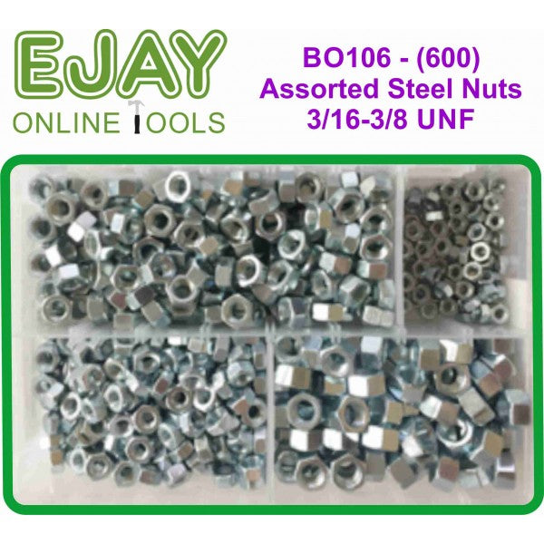600-Piece Assorted Steel Nuts Box - UNF Sizes 3/16, 1/4, 5/16, 3/8 - BZP Hex Imperial Nuts