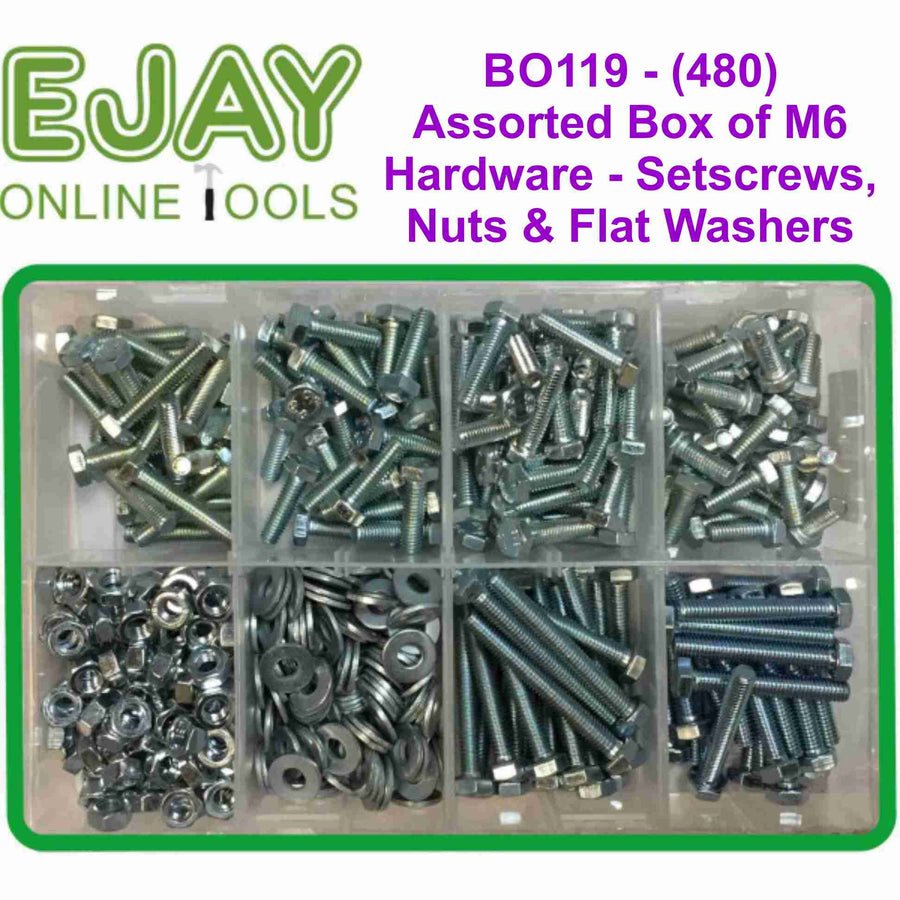 Assorted Box of M6 Hardware - Setscrews, Nuts and Flat Washers (480)