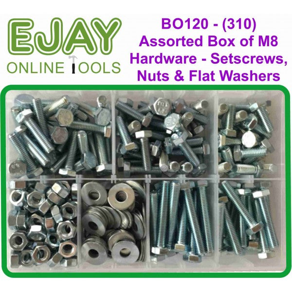 Assorted Box of M8 Hardware - Setscrews, Nuts and Flat Washers (310)