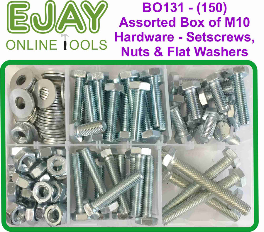 (150) Assorted Box of M10 Hardware - Setscrews, Nuts and Flat Washers